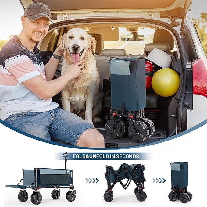 Timber Ridge 47" L Collapsible Wagon with Tailgate & Brake, 550lbs Heavy Duty Beach Wagon with All-Terrain Big Wheels, 250L Foldable Utility Cart for Sand Camping Sports Shopping, Blue