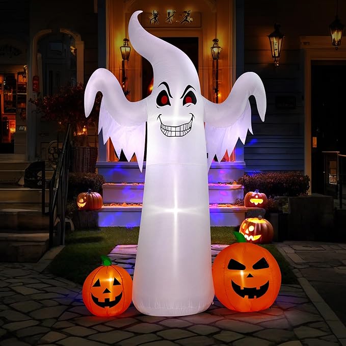 VIVOHOME 9FT Halloween Inflatable Yard Decor, Giant Ghost with 2 Pumpkin, Outdoor Blow Up with Built-in LED Light for Lawn, Garden, Party