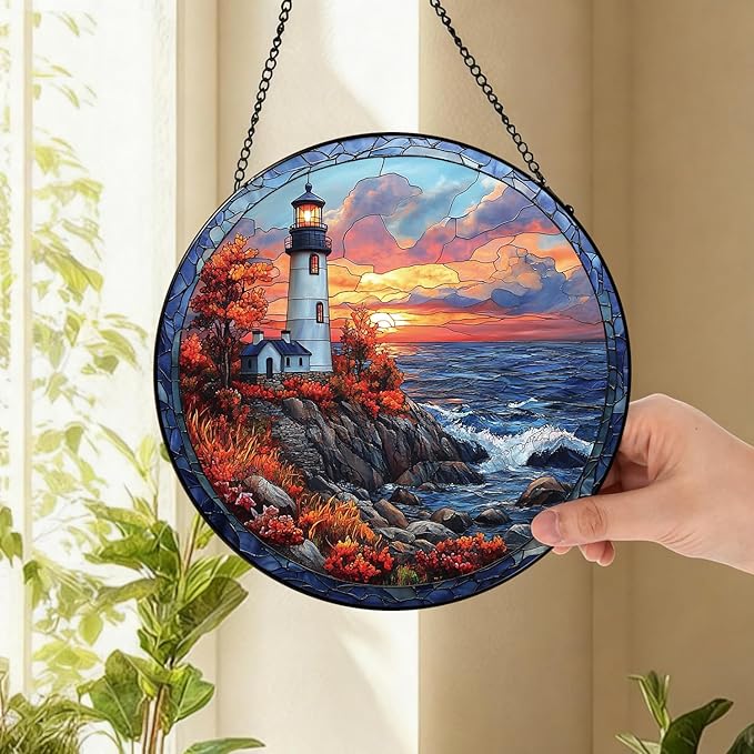 Coastal Lighthouse in Autumn Suncatcher -7.9 in Stained Glass Window Hanging Sun Catcher Garden Decor