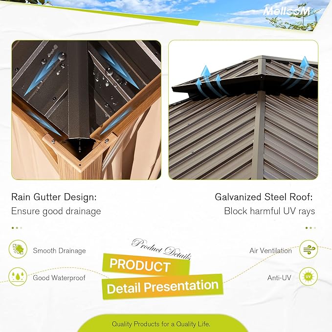 MELLCOM 12'x12' Hardtop Gazebo, Wood Grain Aluminum Frame Outdoor Gazebo with Double Galvanized Steel Roof, Permanent Metal Pavilion with Curtains and Nettings for Patio, Backyard, Deck and Lawns