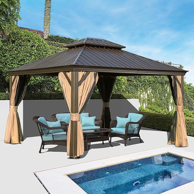 12' x 14' Hardtop Gazebo Outdoor Aluminum Gazebos with Galvanized Steel Double Canopy for Patios Deck Backyard,Curtains&Netting by domi outdoor living