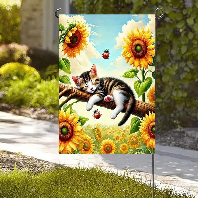Spring Garden Flag 12x18 Inch Double-Sided Sleeping Kitten Yard Decoration Sunflowers Ladybugs for Outdoor Garden Patio Yard Spring Summer Décor