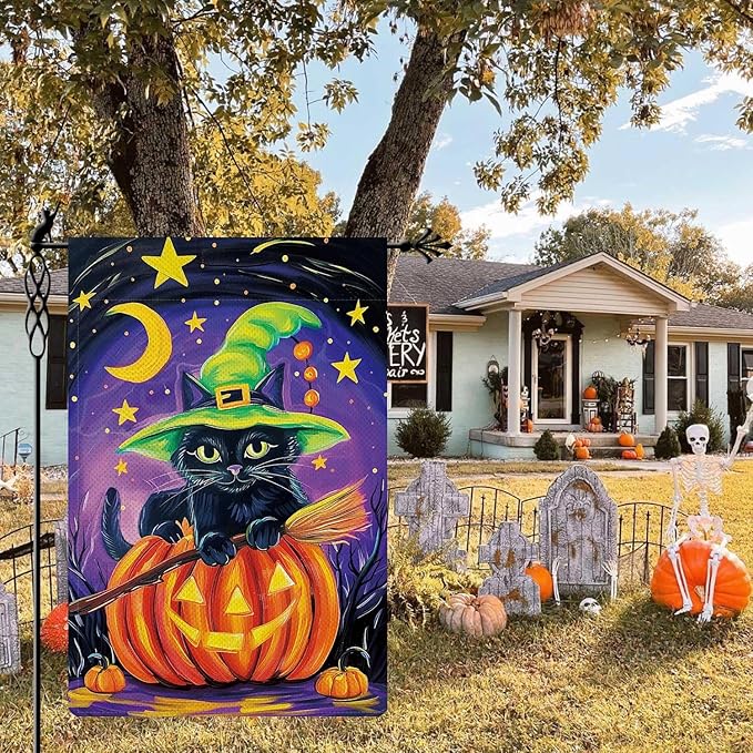 Happy Halloween Garden Flag Black Witch Cat Flag Moonlight Ghost Pumpkin Vertical Double Sided Rustic Farmland Burlap Yard Lawn Outdoor Decor 12.5x18"