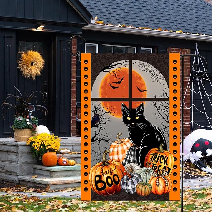 Black Cat Halloween Flag, Pumpkin Trick or Treat Boo Flag, Holiday Yard Flag, Garden Flag 12x18 Double Side