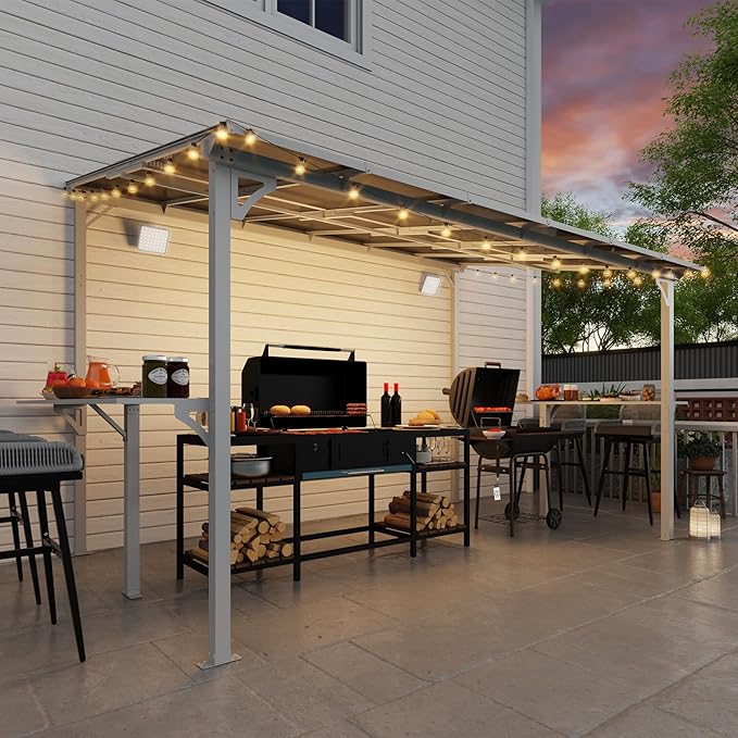 MEISSALIVVE 8' x 12' Wall Mounted Gazebo, Outdoor BBQ Grill Gazebo with Side Shelf, Lean to Metal Awnings with Sloped Roof, Heavy Duty Pergola for Backyard, Deck, White