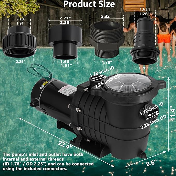 2 HP Pool Pump 110 V/220 V Swimming Pool Pump 6840 GPH In/Above Ground Pool Pumps 1500 W Powerful Self Primming Pump for Residential/Commercial Pool, Spas and Hot Tubs, Landscape Fountain