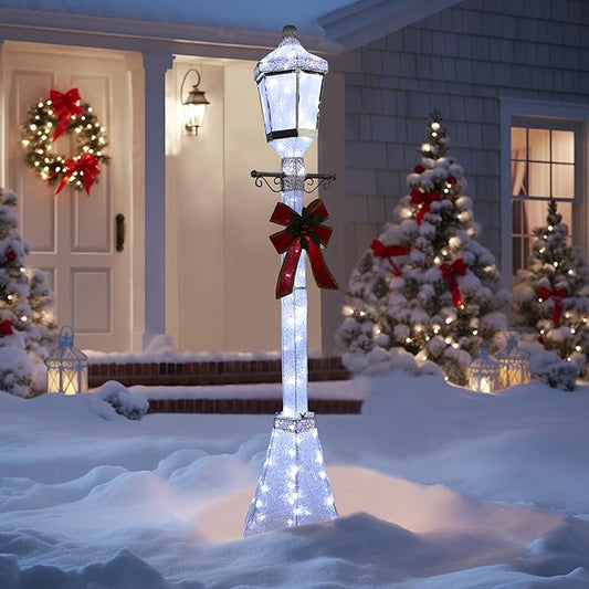 VEIKOU 6FT Lighted Lamp Post for Outdoor Christmas Decorations, Light-up Street Lamp with 120 LED Lights & Red Bow, Christmas Decorations Outside for Yard Garden Lawn Porch Holiday Xmas