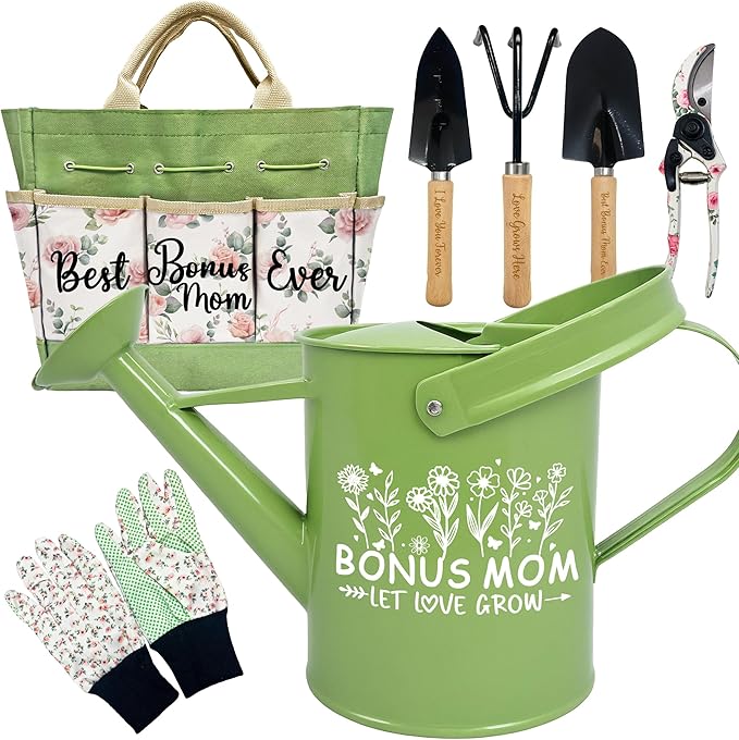 Bonus Mom Gifts, Garden Kit Bonus Mom Gifts from Bonus Daughter Floral Gardening Tools and Durable Garden Tools Organizer Tote, Gardening Set for Women on Birthday Plant Lover Present