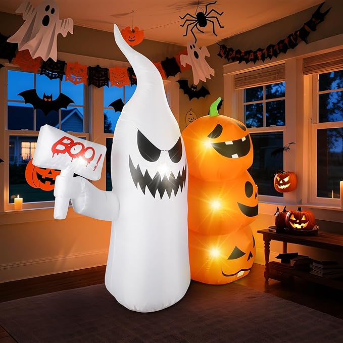 6Ft Halloween Inflatable Ghost Hammer Pumpkin Outdoor Decor with Build-in LEDs Blow Up Inflatable for Party Indoor Outdoor Garden Lawn Yard