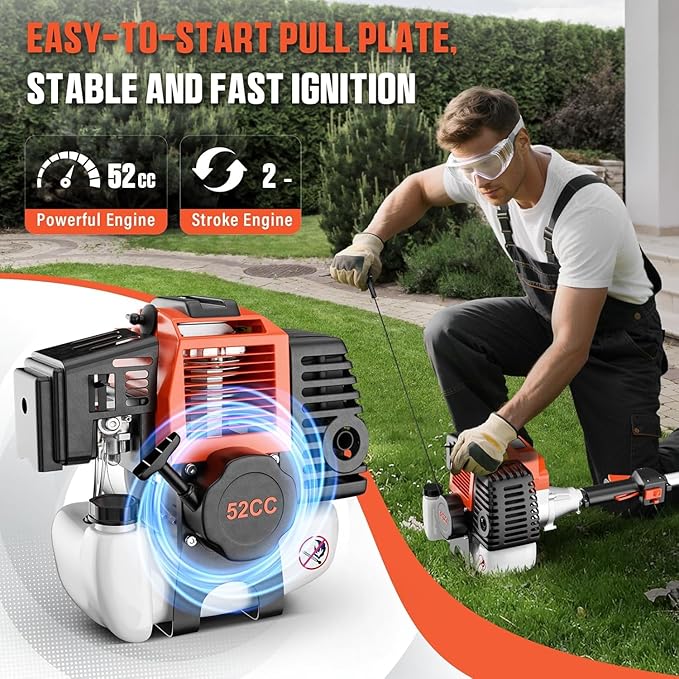 52cc Gas Powered Weed Eater, 6 in 1 Gas Weed Wacker with Hedge Trimmer & Pole Saw - Multi-Attachment Brush Cutter,2-Stroke Gas String Trimmer for Yard Maintenance