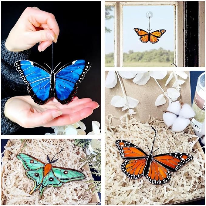 2024 New Handmade Stained Glass Butterfly Suncatcher, Sun Catcher Hanging for Car, Butterfly Decorations and Gifts for Women (C-Orange)