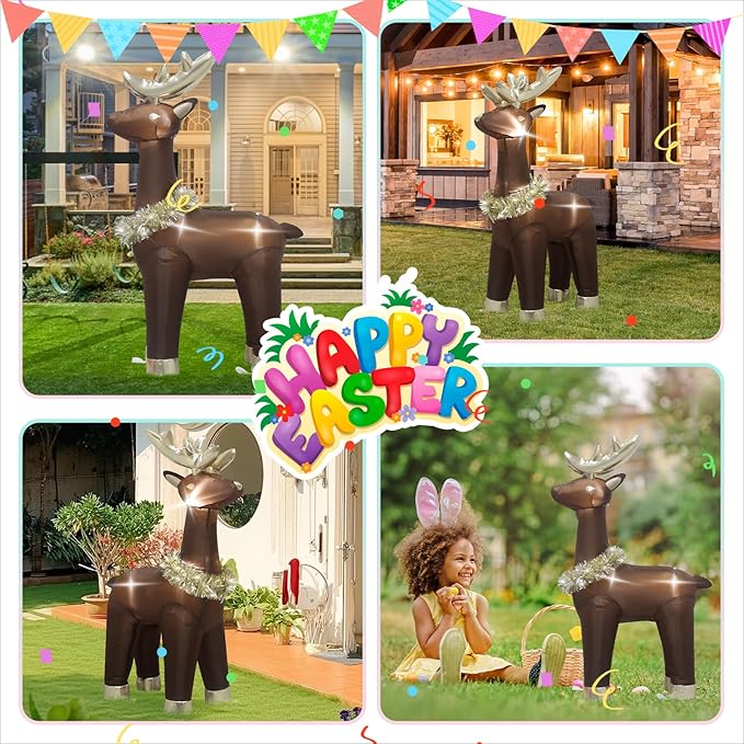 3.5 Feet Inflatable Deer Outdoor Decorations with LED Lights, Blow up Christmas Reindeer for Indoor Outdoor Decorations, Cute Shape with Gold Collar, Easter Inflatable Reindeer Decoration