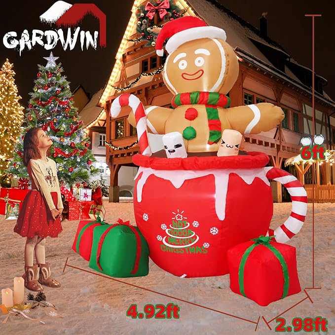 Gardwin 6ft Gingerbread Christmas Inflatable Outdoor Decoration, Christmas Outdoor Decoration Blow up Gingerbread Mug Yard Decorations Clearance with Built-in LEDs for Indoor Garden Lawn Party Decor