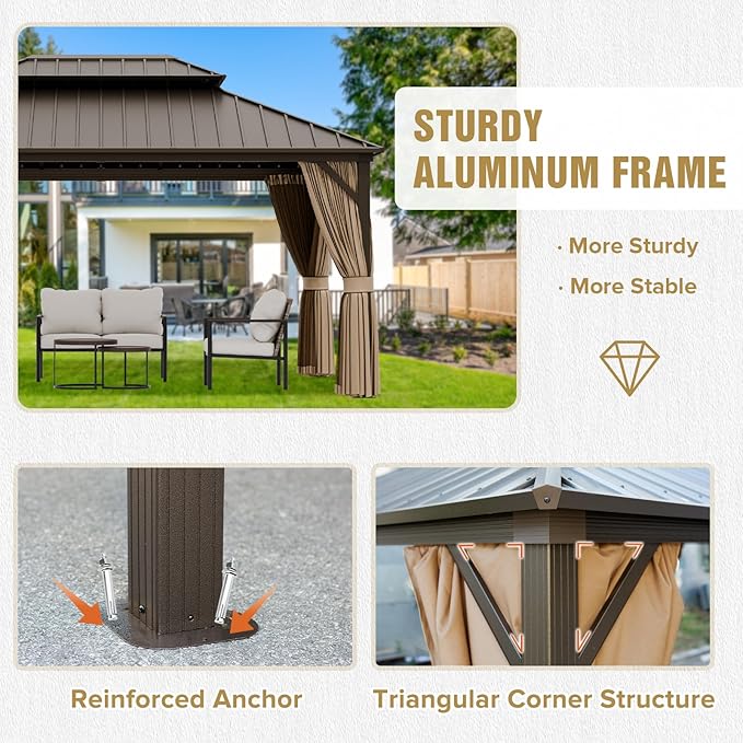 COOS BAY 12x16 Hardtop Gazebo with Aluminum Frame, Galvanized Steel Double Roof Outdoor Pavilion with Netting and Curtains, Dark Brown/Tan
