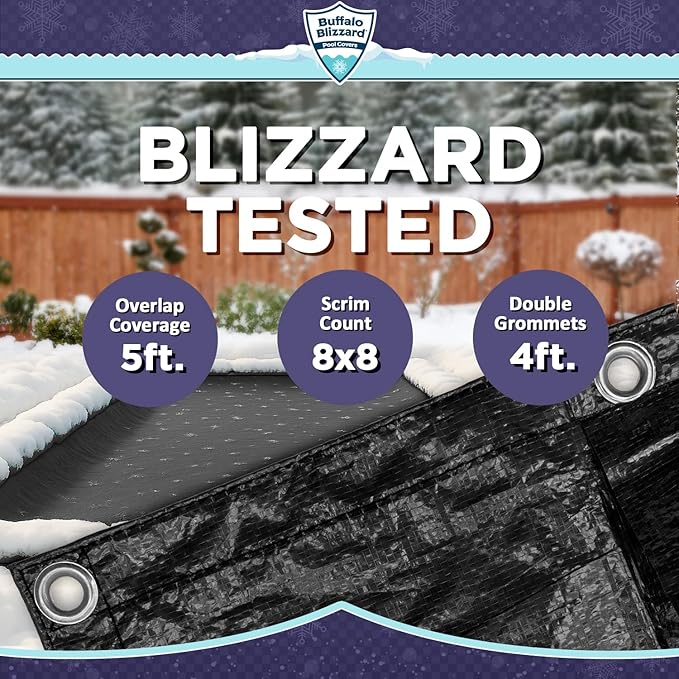 Buffalo Blizzard Deluxe Winter Cover for 14 ft x 28 ft Rectangle Inground or Above Ground Swimming Pools | Blue/Black Reversible | 5-Foot Additional Material