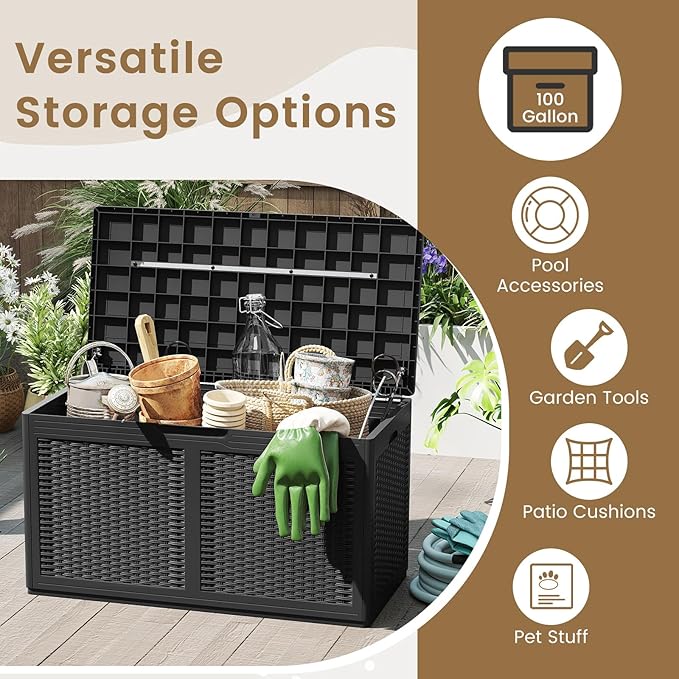 RELAX4LIFE 100-Gallon Resin Deck Box - Waterproof Outdoor Storage Box Container w/Lockable Lid & Wheels, Faux Rattan Porch Bench for Patio Furniture Cushions, Pool Accessories, Garden Tools (Black)