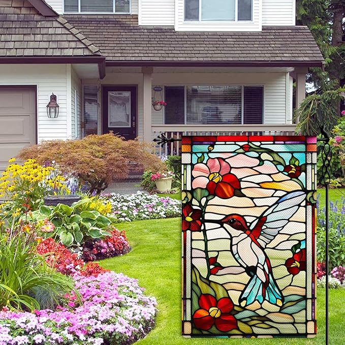 Spring Summer Hummingbird Garden Flag Glass Style Garden Flag Vertical Double Sided Rustic Farmland Burlap Yard Lawn Outdoor Decor 12.5x18"