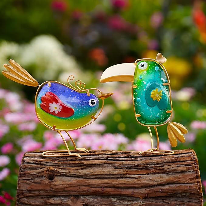 Funny Metal & Glass Bird Decor Set of 3 - Unique Colorful Indoor & Outdoor Garden Statues Whimsical Lawn Decorations Handmade Bird Sculptures Garden Decor for Outside