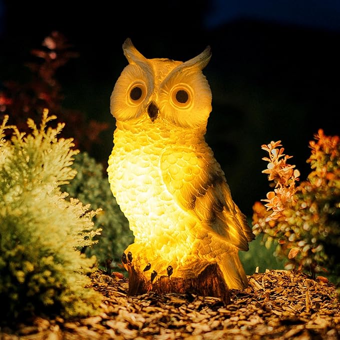 Solar Owl Garden Statues Outdoor Decor Resin Owl Figurine with LED Lights Owl Sculpture for Porch Patio Lawn Yard Decorations Christmas Housewarming Gifts for Women Mom,White Owl