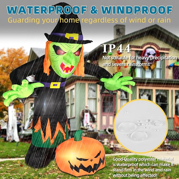 ININ 8FT Halloween Inflatable Witch Decorations Outdoor Built-in LED Lights,Halloween Blow Up Yard Decorations,Scary Party Decorations,Haunted House Decor,for Yard/Lawn/Garden.