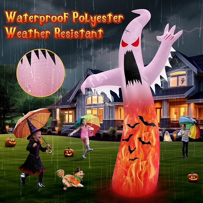 1PCS 12FT Giant Halloween Inflatables Decoration Ghost with 3-Colored Flame Rotation LED Light Spooky Halloween Decorations Outdoor Blow Up Yard Decoration for Home Lawn Holiday Party
