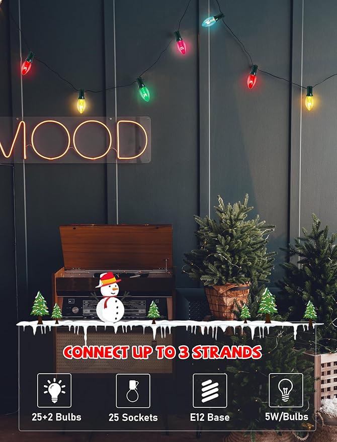C7 Christmas Lights Outdoor, 25Ft Vintage Christmas String Lights with 27 Multicolor Clear Bulbs, Hanging Christmas Decorations Lights for Roofline House Garden Patio Backyard Party-Green