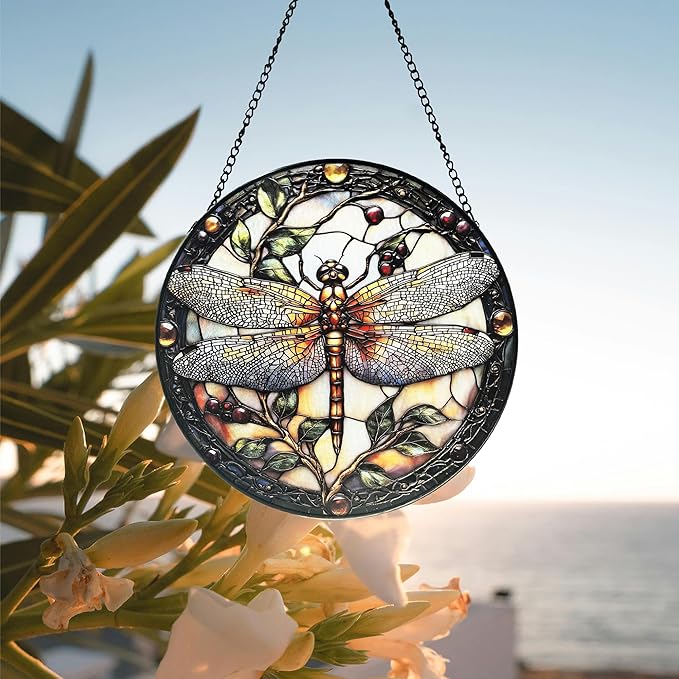 Stained Glass Window Hanging - Dragonfly Plant Suncatcher Ready to Hang Window Doors Home Decoration, 9.8 inch