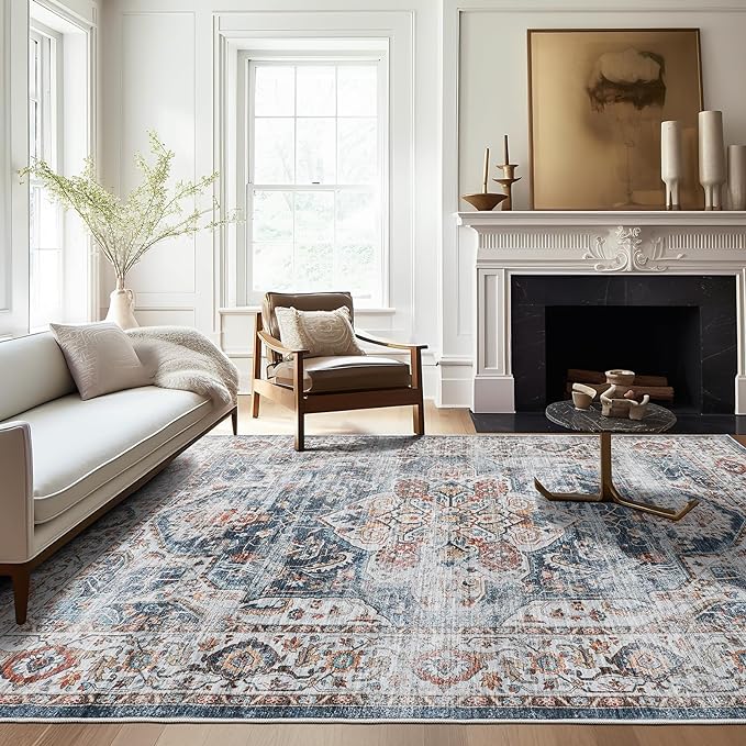 10x14 Area Rugs,Ultra-Thin Washable Rugs for Living Room,Non-Slip Lightweight Foldable Area Rug,Stain Resistant Vintage Large Rugs (Navy,10'x14')