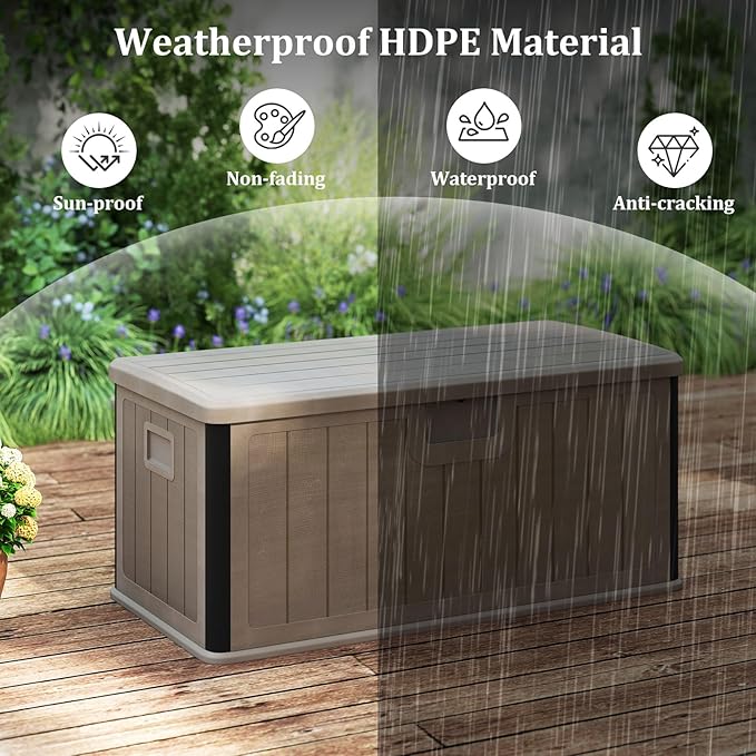 Tangkula 100 Gallon Outdoor Storage Box, Resin Outdoor Storage Bench with Lockable Lid, Waterproof Deck Box for Garden Tools, Pool Accessories, Cushions