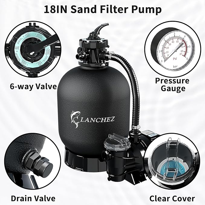 LANCHEZ 18" Sand Filter Pump for Above Ground Pool with Timer, 1.5 HP, Max 4900 GPH for Pools Up to 20000 GAL, 6-Way Valve Pool Sand Filter System, Enhanced Circulation for Crystal-Clear Pool