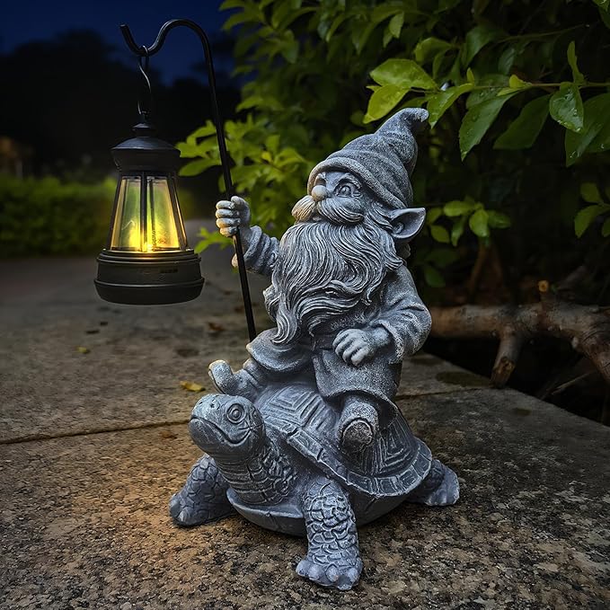 Garden Gnome Statue Riding Turtle - Garden Gnomes Decorations with Solar LED Lights, 7.9" Outdoor Resin Figurine Ornament for Patio, Yard, Funny Lawn Decor (Gray)