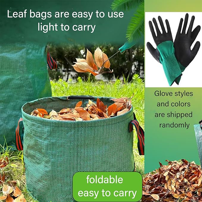 Reusable Yard Waste bags,Collapsible Leaf Bag with Gardening Gloves,Yard Debris Collapsible Bag With 4 Handles, for Leaves, Lawn Debris & Grass Clippings (14Gallon)