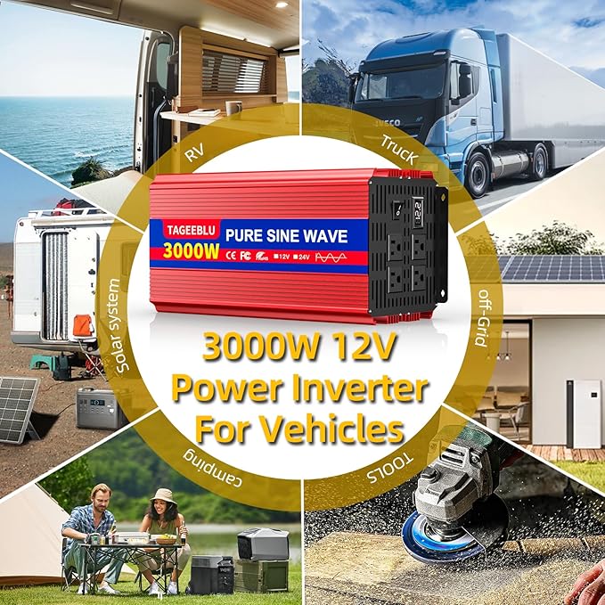 3000W Pure Sine Wave Inverter, 12V DC to 110V/120V AC Power Inverter for RV、Off Grid with 2 AC outlets and LCD Display