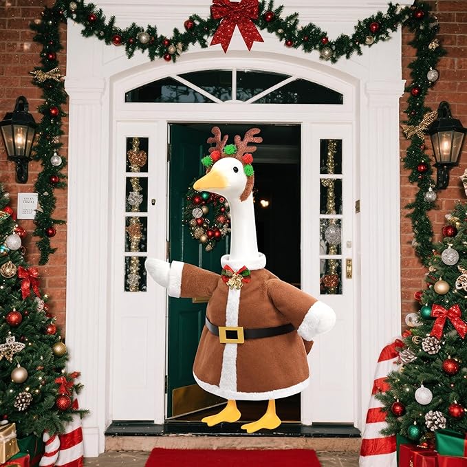 Christmas Porch Goose Outfit for Large 23" High Cement or Plastic Goose Statue, Yard Goose Cloths with Deer Antler Headband, Bell Bow Tie Decor for Outdoor Lawn Gaden Patio