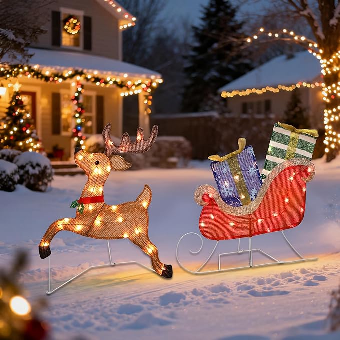 Prsildan Christmas Lighted Decoration 25" x 44" Reindeer, 50 Lights Christmas Reindeer with Sleigh & Gift Boxes, Light up Decorations for Indoor Outdoor Home Kitchen Yard Garden Holiday Party