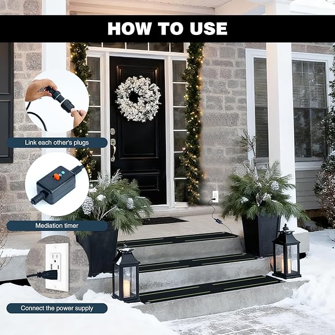 Heated Snow Melting Mats,Winter Stairs Outdoor Slip Non-Slip Rubber Heated Mats Outdoor with Reflective Strip for Driveway Walkway Decks and Sidewalks Connection,10x30in(1PCS)