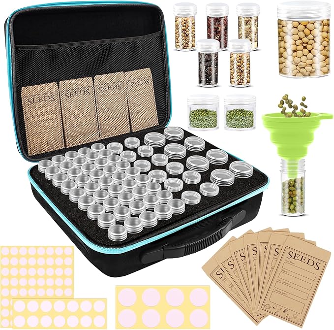 65 Slots Seed Storage Organizer with 20 Seed Envelopes, Sturdy Seed Organizer Box with Zipper Bag Label Stickers 3 Sizes Storage Bottles (Seeds not Included), Seed Storage Container for Flower Plants