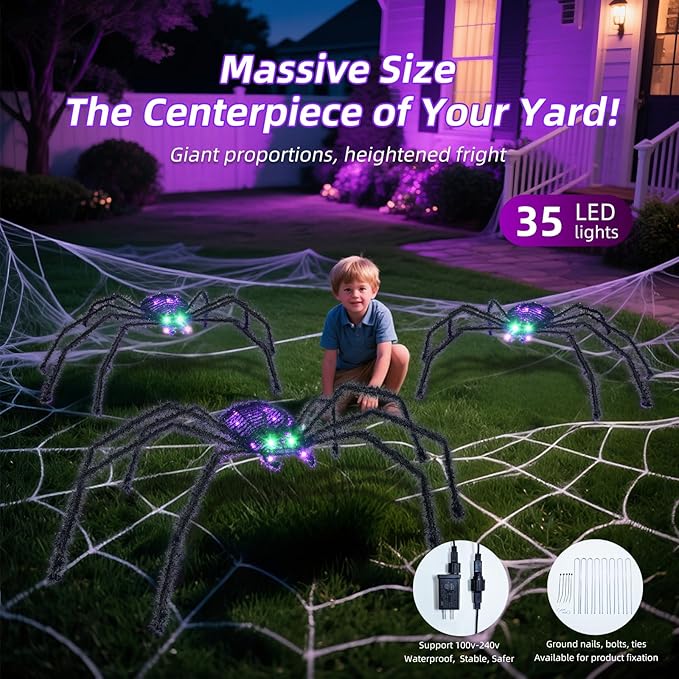 HOYECHI 3-Piece Lighted Halloween Spider - Holiday Decorations Outdoor Set of 3 Spider with 35 LED Lights for Front Yard Porch Gardens Party Outside Halloween Decor - Black