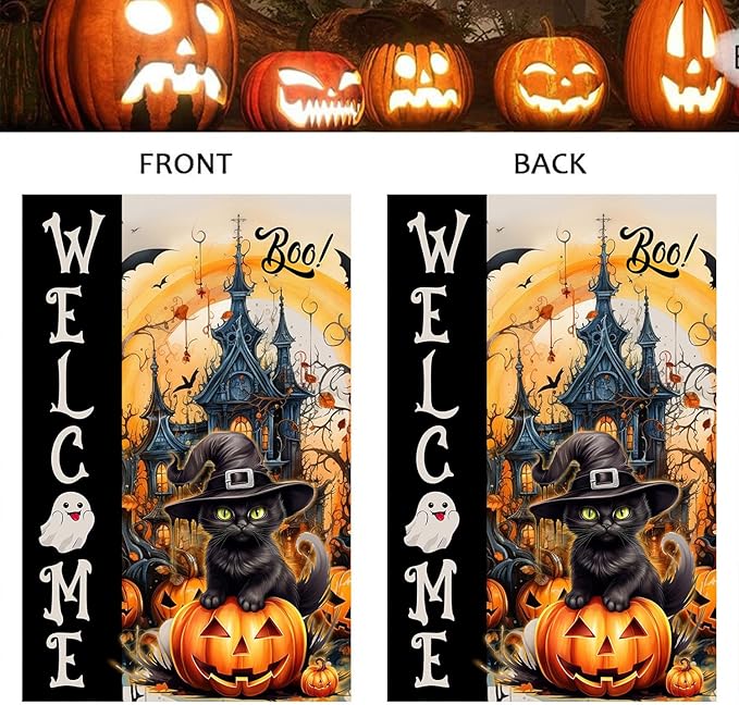 DECORLUXES Halloween Cat Garden Flag Double Sided, Welcome Halloween Large Garden Flags Garden Outside Decor, Yard Flag Decorations (Garden Flag)