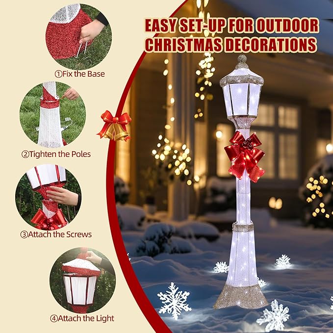 60-Inch Outdoor Christmas Decorations Outdoor Lighted Lamp Post 3D Lamppost LED Lighted Post Christmas Decoration with 128 LED Lights & Bow Holiday Decorations for Yard, Porch, Patio