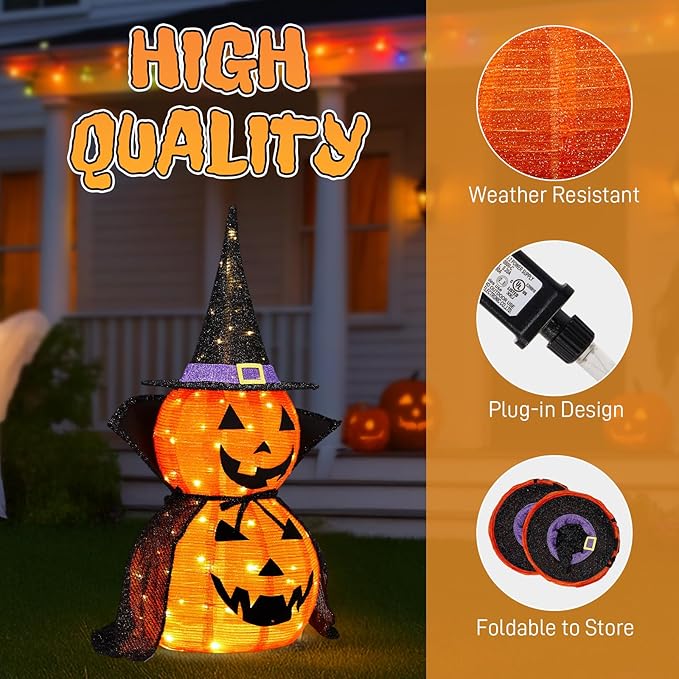 AW 2Pcs 3FT Halloween Collapsible Pumpkin LED Jack-O-Lantern Outdoor Decoration
