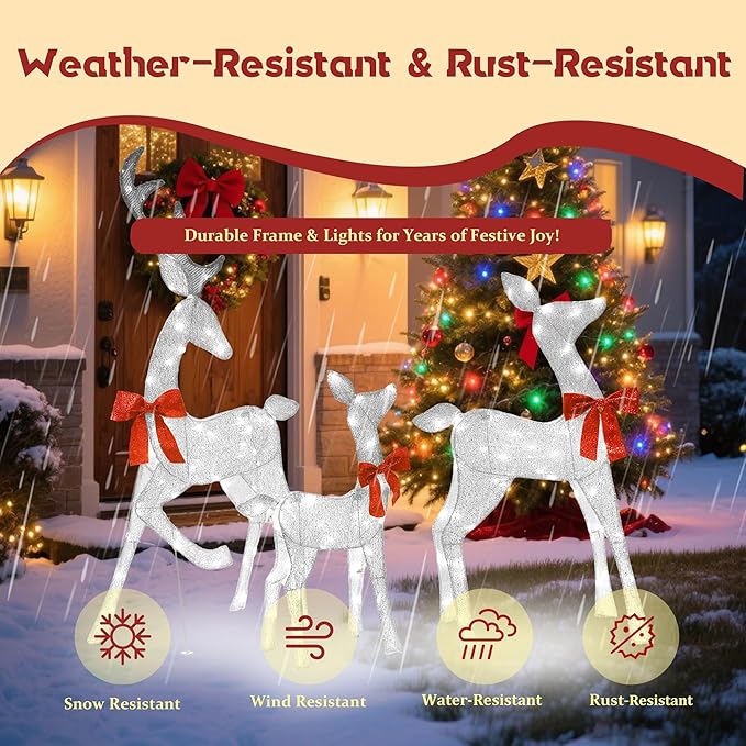4.5Ft Lighted Reindeer Outdoor Christmas 2D Deer Family Sets Outdoor Reindeer Christmas Yard Decoration with LEDs/Stakes/Zip Ties for Holiday Patio Lawn Garden