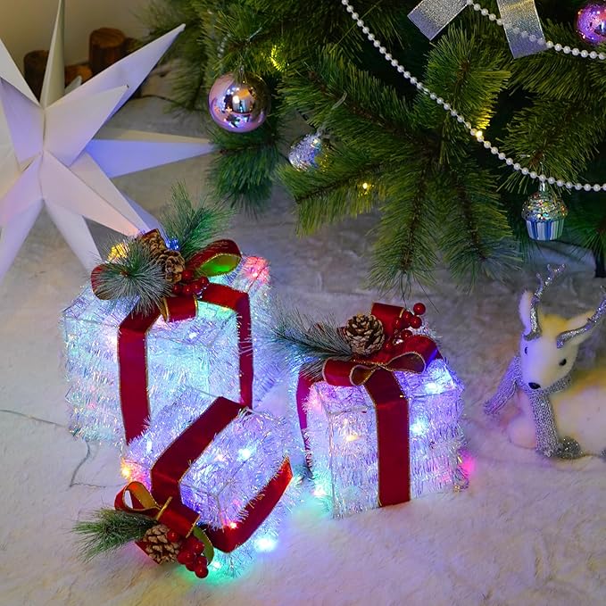 Set of 3 Christmas Lighted Gift Boxes, 60 LED Light Up Present Boxes for Christmas Decorations Indoor Outdoor Yard Xmas Tree Holiday Party Lawn Porch Home Decor(Multicolor)