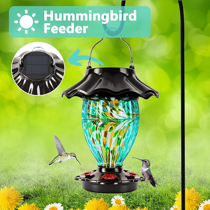 LUJII Solar Powered Color Changing Hummingbird Feeder for Outdoors Hanging, Hand Blown Glass Reservoir, 32 fl.oz, Never Leak, Illuminated Lantern for Garden Decor, for Bird Lover (Teal)