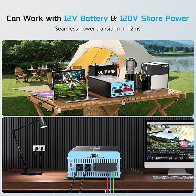 2500W Pure Sine Wave Inverter with Transfer Switch, 12V DC to 120V AC Converter with 2AC Outlets, USB Port, Type-C Port, Remote Controller, Power Inverter for RV, Outdoor, Auto Swtich to Shore Power