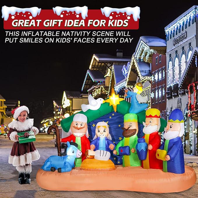 6 FT Christmas Inflatables Nativity Scene Decorations Outdoor Blow up Christmas Inflatables Nativity Scene LED Light Built-in for Holiday Party Yard Decor