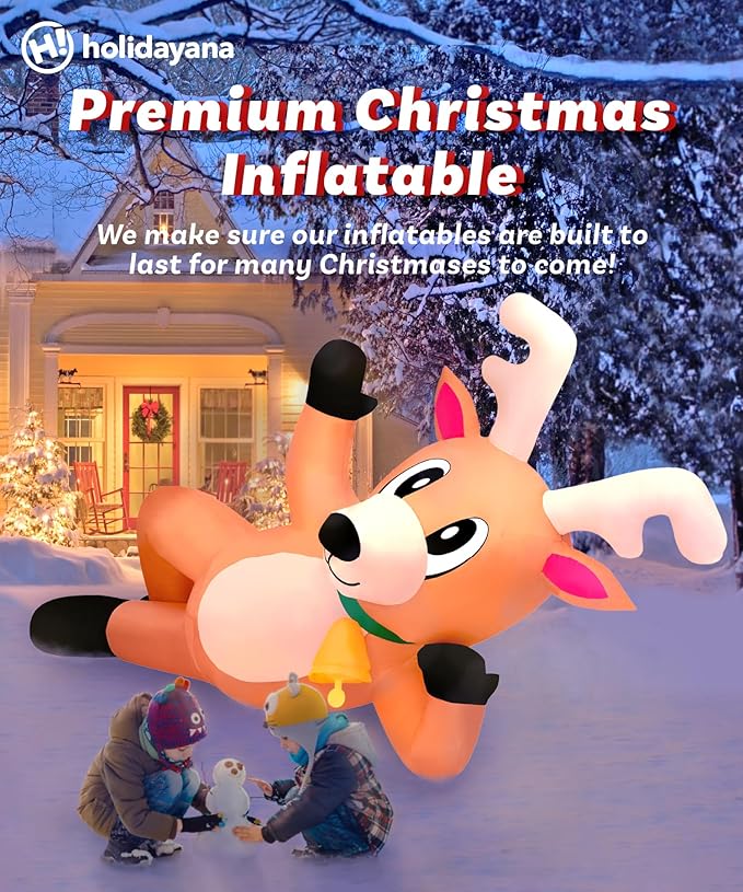 Holidayana Christmas Inflatables Large 10 ft Lounging Reindeer - Inflatable Outdoor Christmas Decorations Blow Up X-mas Decorations for Yard, Lawn & Garden Internal Lights & Built-in Fan