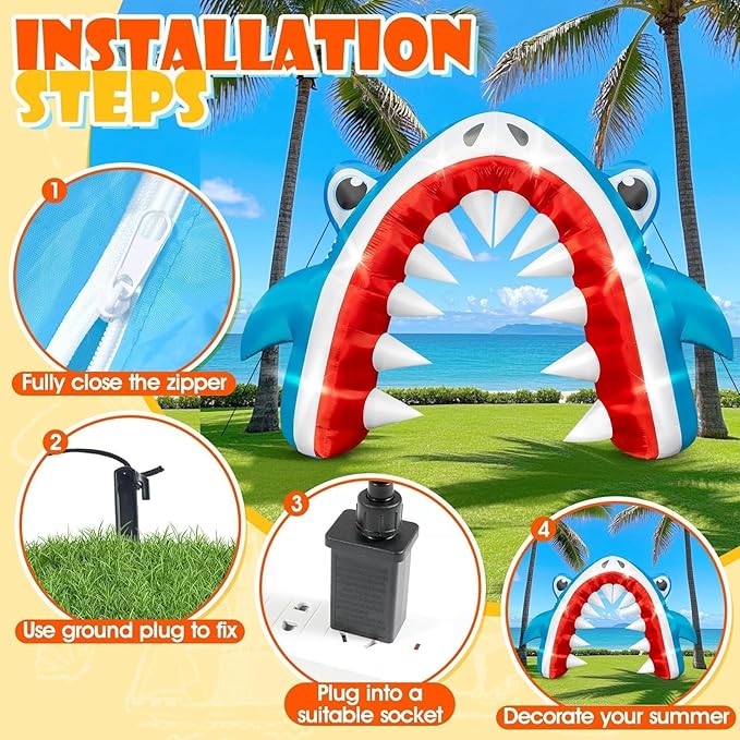 Eyourlife 12×8 FT Shark Halloween Inflatable Arch, Giant Outdoor Blow Up Yard Decoration with Built-in 6 LED Lights for Pool Stage Event Birthday Party Ocean Theme Luau Beach Party Take Photos