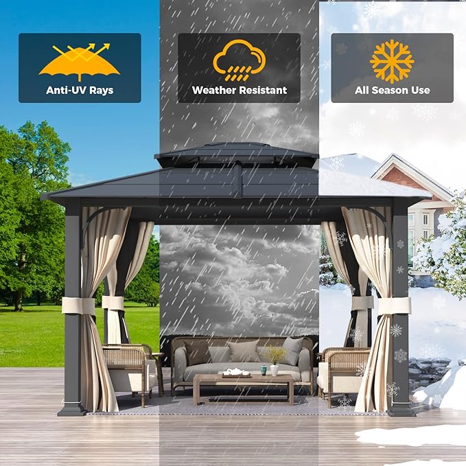 YOLENY 10'x12' Gazebo with Galvanized Steel Roof, Hardtop Double Roof with Anti-Rust Coating, Outdoor Gazebos with Curtains and Netting, Sunshade for Gardens, Lawns, Deck