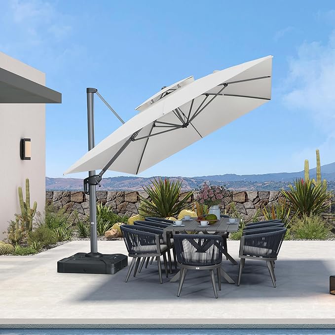PURPLE LEAF Sunbrella Patio Umbrella 10' X 13' Outdoor Double Top Large Rectangle Heavy Duty 360° Rotation Offset Sun Shade Cantilever Umbrella for Garden Deck Pool Backyard Canvas Natural